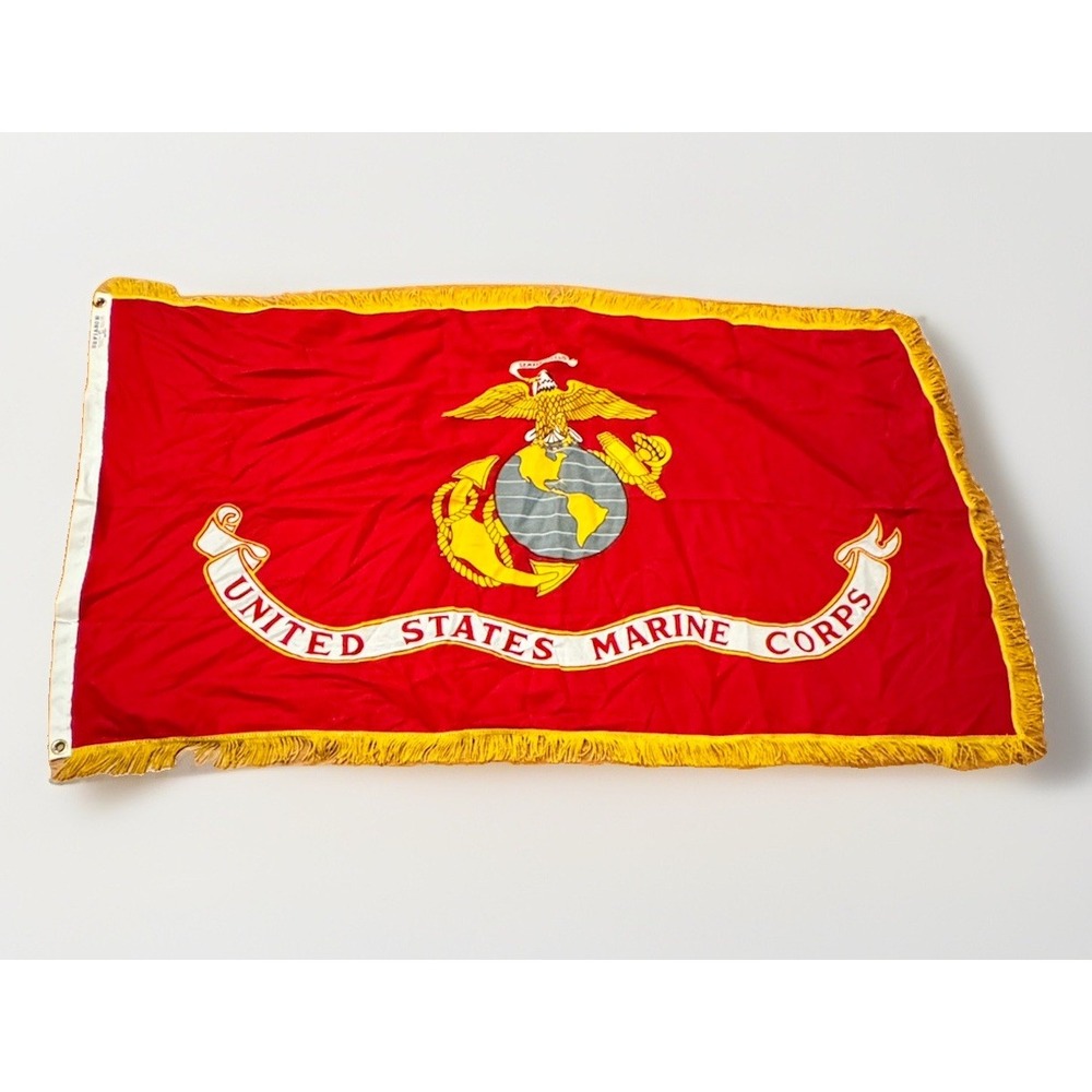 Vintage 70s USMC Marine Corps Flag 100% Cotton Fringe Defiance Annin USA 33x63"